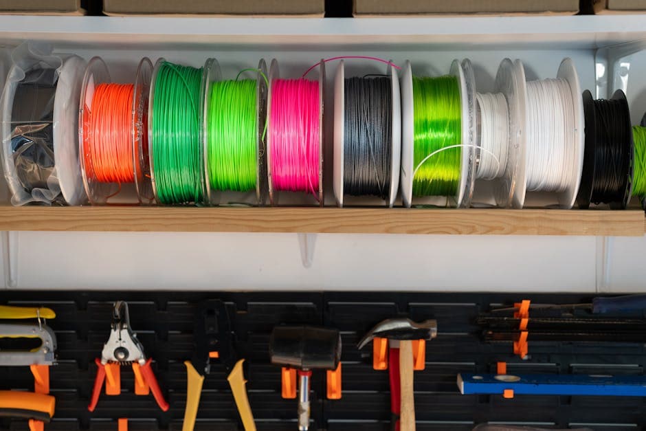 Kleurrijke 3D-printfilament op spoelen, verspreid in verschillende tinten.