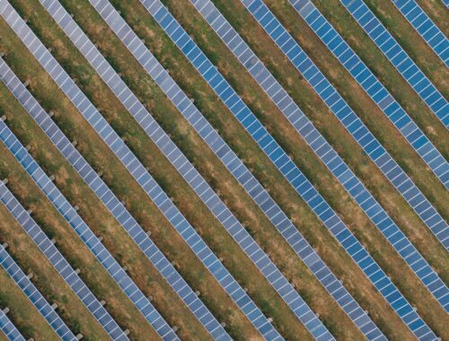 Heel veld met zonnepanelen die groene energie opwekken