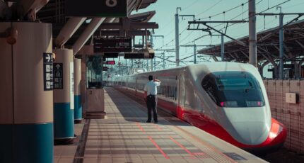 Anonieme man die op het treinstation staat dicht bij een moderne trein