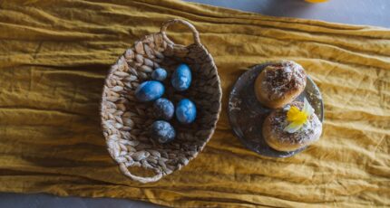 Blauwe eieren in een mand en Paascake