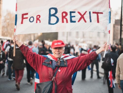 A Woman in Red Jacket Holding a Banner for britain, for brexit