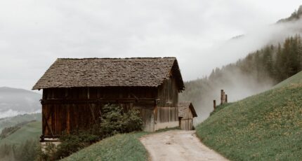 Oude landelijke bruine huizen met driehoekig dak op bergflank bedekt met gras en gele bloemen naast weg en bos op berg in mist