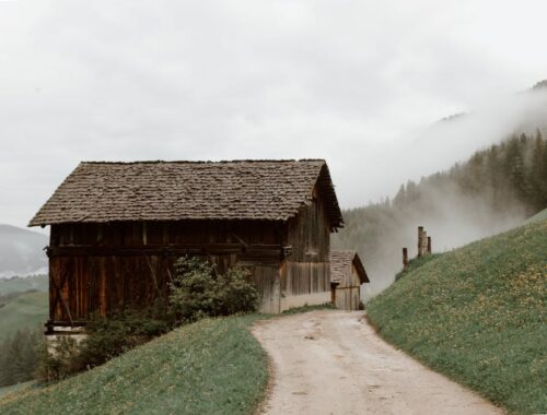 Oude landelijke bruine huizen met driehoekig dak op bergflank bedekt met gras en gele bloemen naast weg en bos op berg in mist